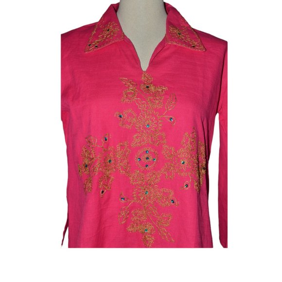 Embroidered Blouse Jewel Embellished Gold Paisley Hotpink Ethnic 3/4 Sleeves - Picture 5 of 8